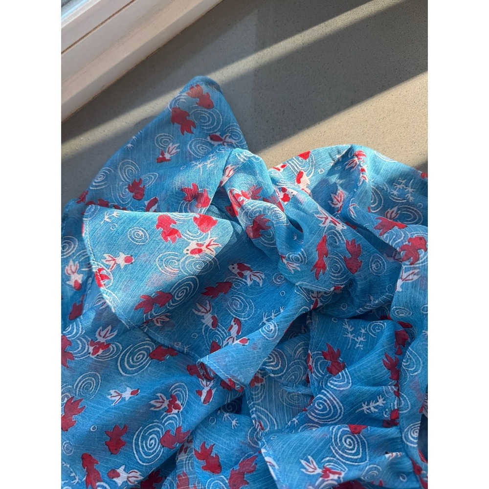 Ruffle Mini Dress Koi Fish Print V Neck Short Sleeve Blue Size L - Picture 4 of 4